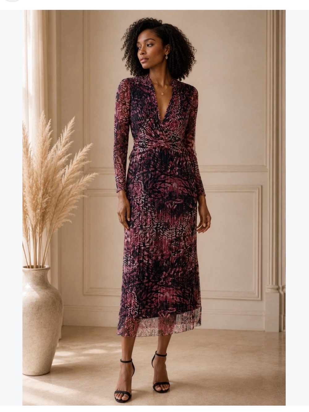 NWT Anne Klein Metallic Plisse Twist Front Midi Dress Lotus Pink Black Size 12